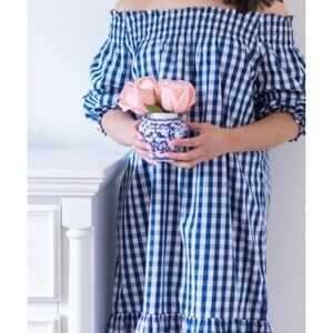 Lake Pajamas Veranda Dress Womens XL Blue White Gingham Coastal Peasant Preppy